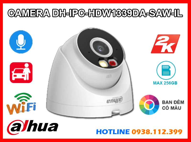  DH-IPC-HDW1339DA-SAW-IL camera IP wifi không dây trong nhà cố định có độ phân giải 3MP cho hình ảnh sắc nét hỗ trợ hồng ngoại Full Color ban đêm có màu lên đến 30m tích hợp micro ghi âm phát hiện chính xác người và phương tiện nâng cao hiệu quả giám sát có khe cắm thẻ nhớ lên đến 256GB