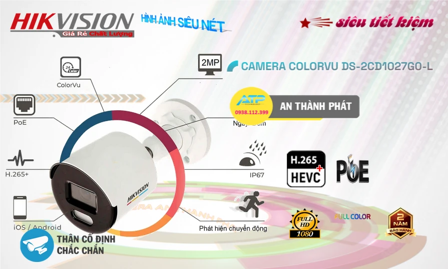 Camera IP Colorvu 2MP HIKVISION DS-2CD1027G0-L