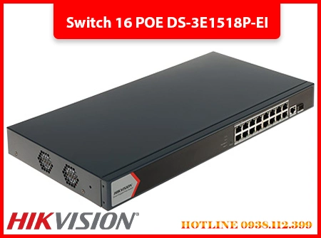 Switch DS-3E1518P-EI 16 cổng PoE, Bộ chia mạng DS-3E1518P-EI Hikvision, Switch PoE DS-3E1518P-EI cho camera IP, Switch Hikvision DS-3E1518P-EI chống sét, Switch 16 port DS-3E1518P-EI cấp nguồn 130W, DS-3E1518P-EI quản lý từ xa, Switch DS-3E1518P-EI giám sát qua app